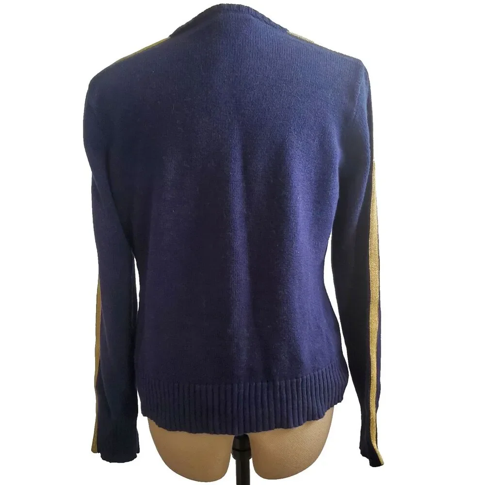 Ralph Lauren Women's Sweater Size XL Navy Gold Racing Stripe Cotton Pony Logo - Picture 3 of 6